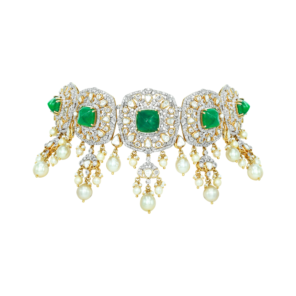 Emerald and Polki Choker with Pearls